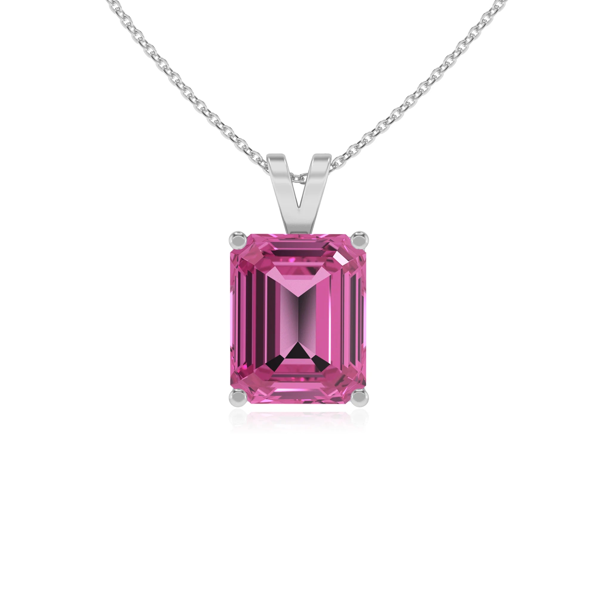 lab grown pink-sapphire emerald cut solitaire v-bale necklaces in platinum 