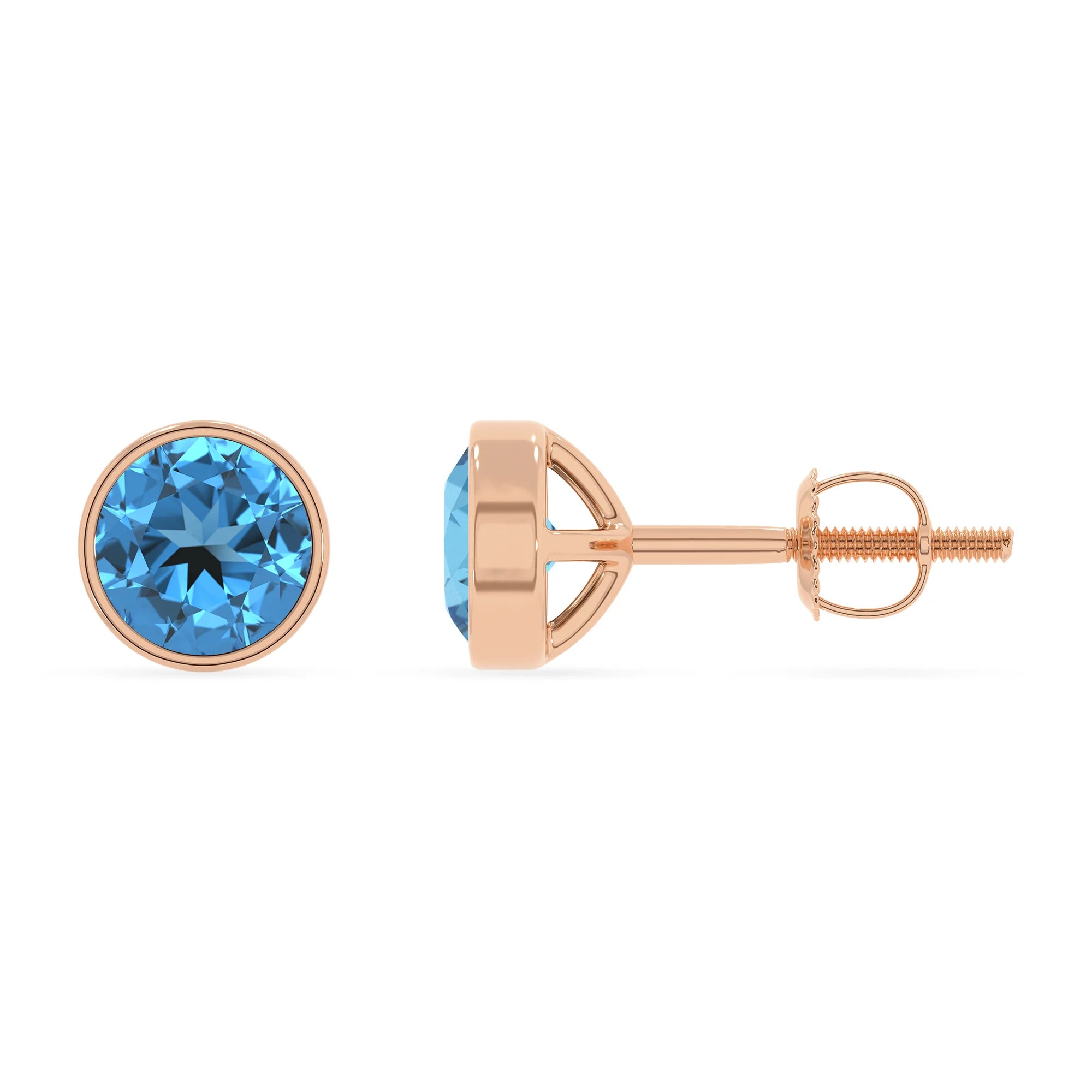 natural swiss blue topaz round stud earrings in rose gold 