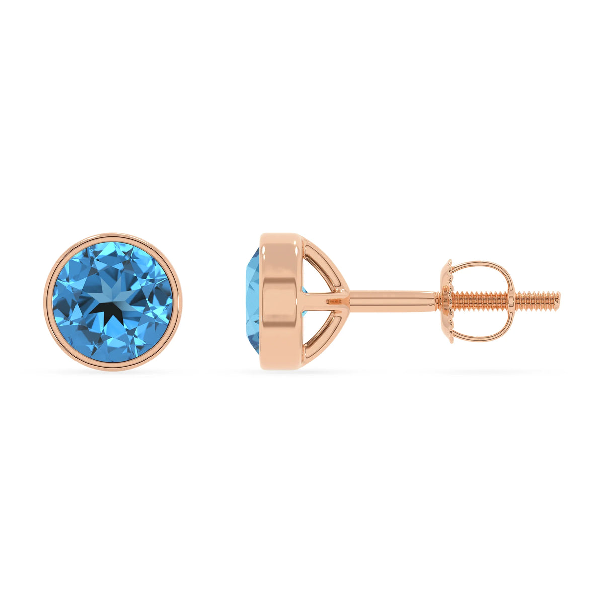 natural swiss blue topaz round stud earrings in rose gold 