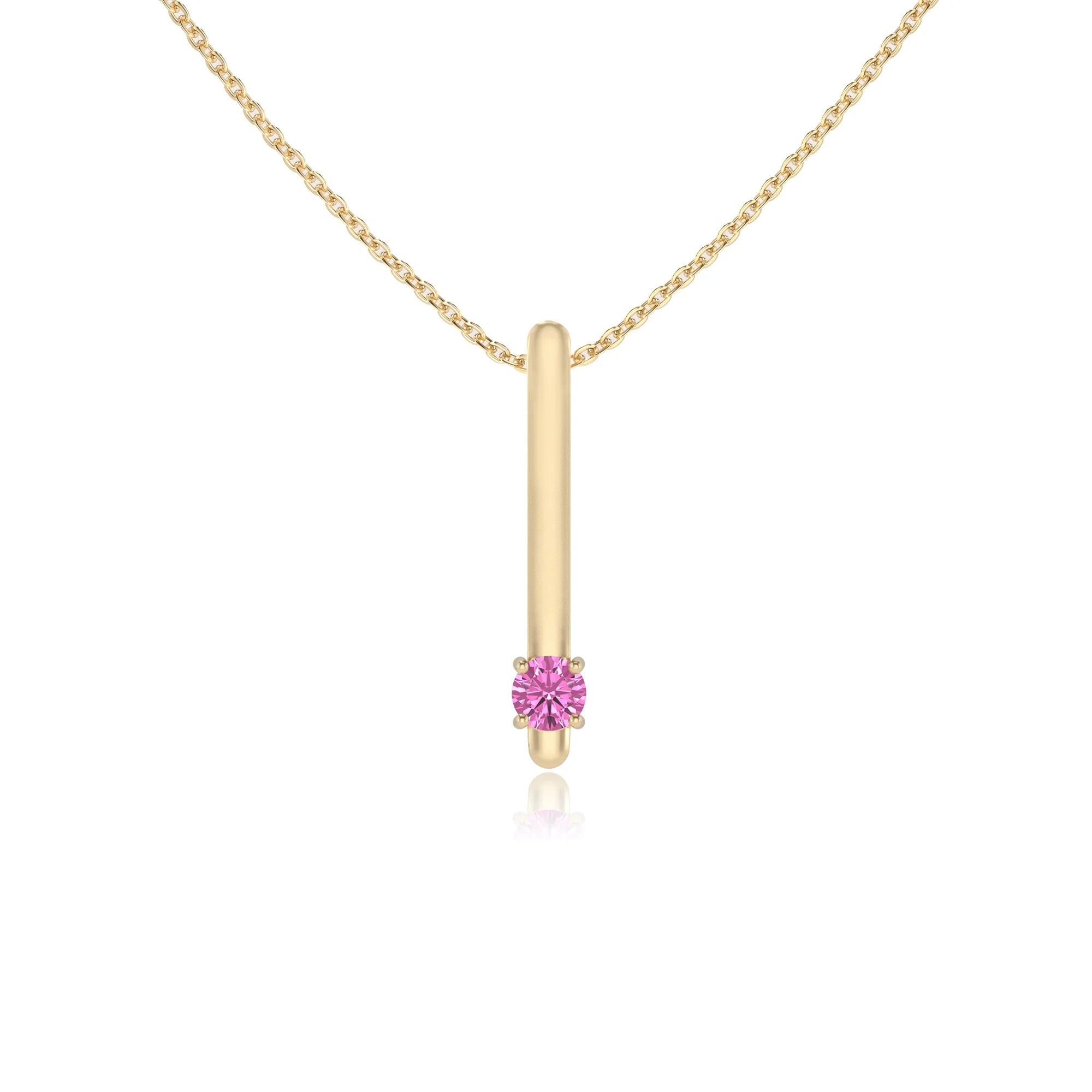 lab grown pink-sapphire round bar necklaces in yellow gold 
