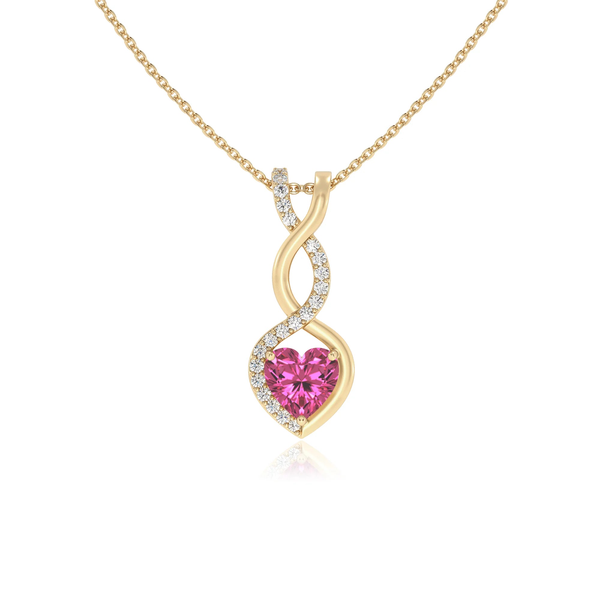 lab grown pink-sapphire heart infinity necklaces in yellow gold 