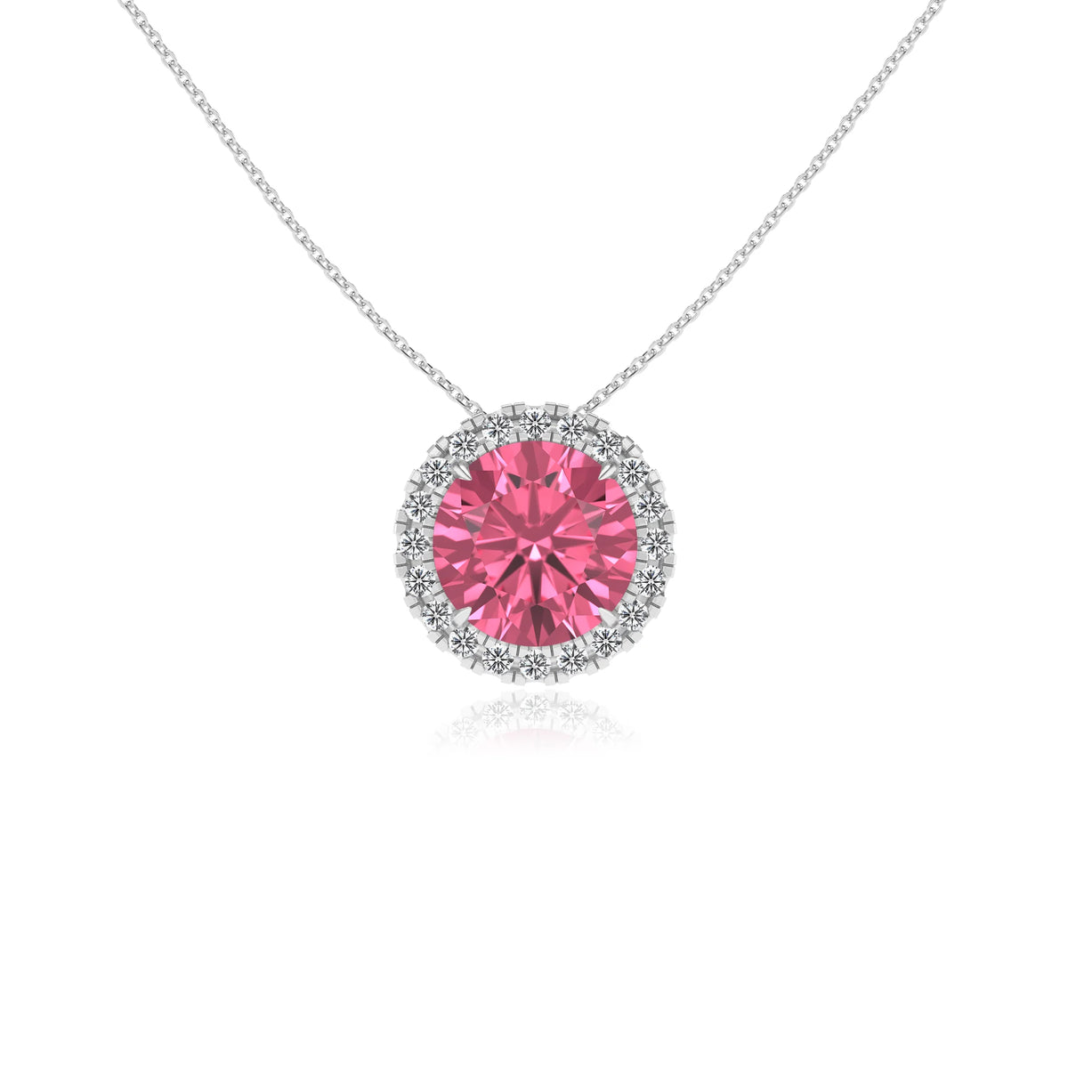 lab grown pink tourmaline round solitaire necklaces in white gold 