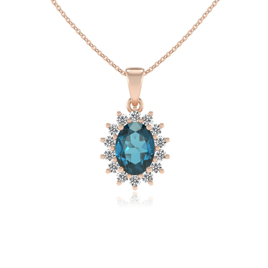 natural london-blue-topaz oval halo necklaces in rose gold 