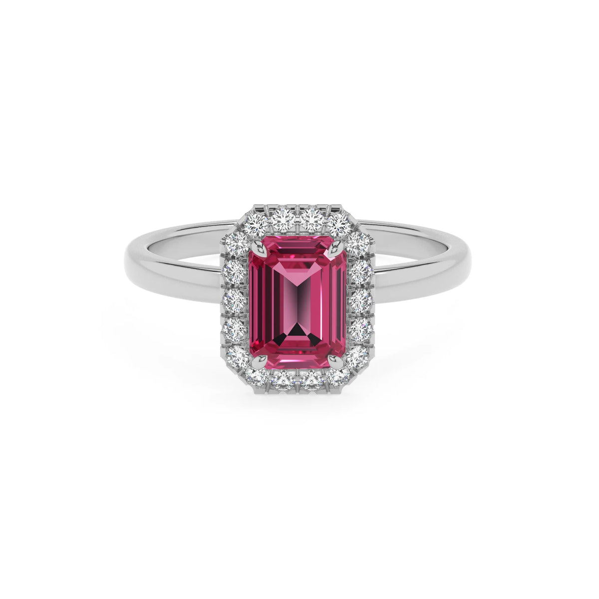 lab grown pink-tourmaline emerald cut solitaire rings in white gold 