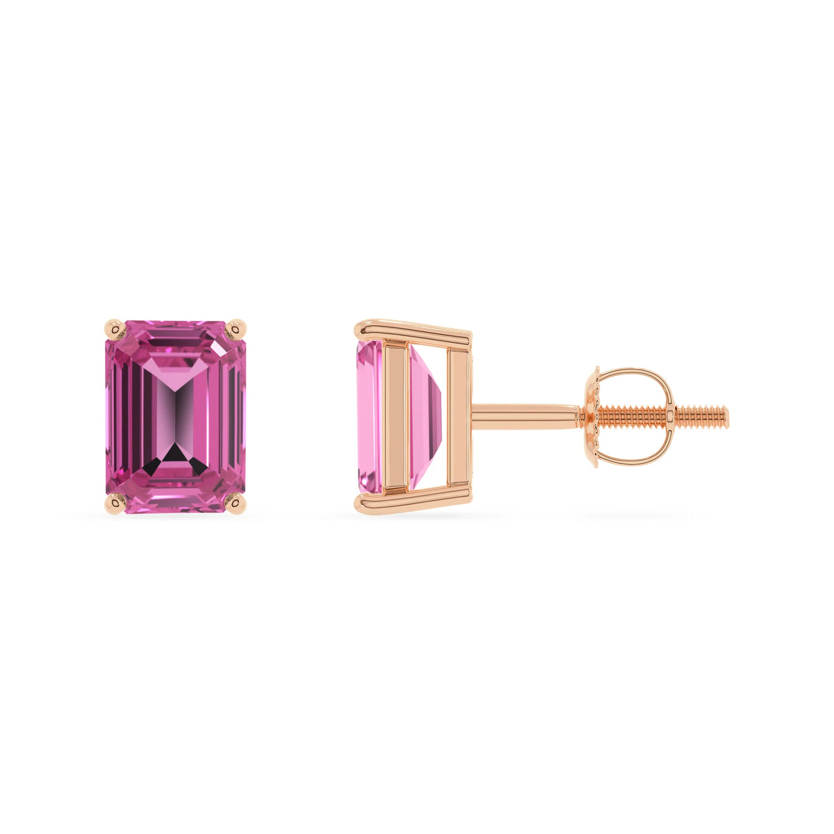 lab grown pink sapphire emerald cut stud earrings in rose gold 