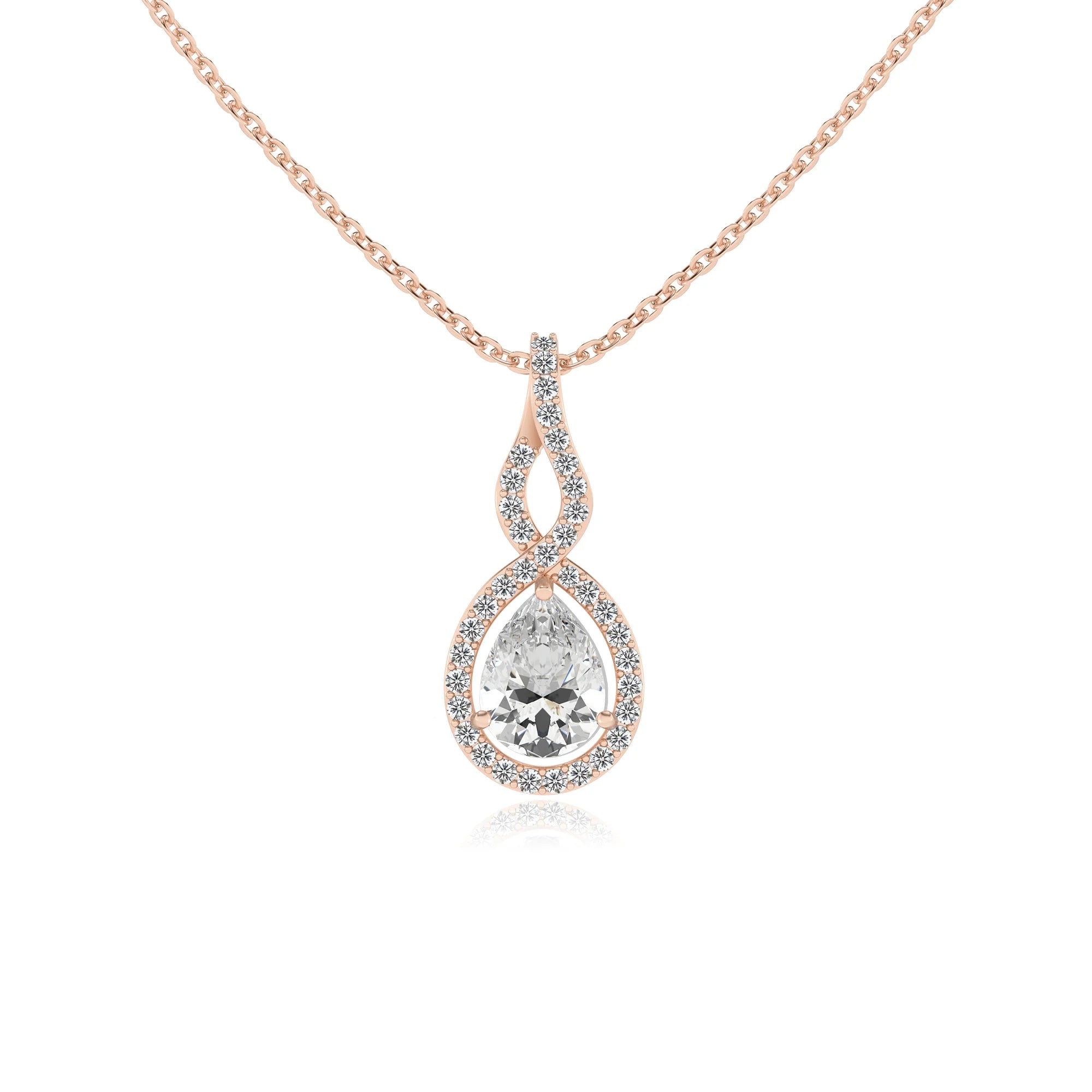 lab grown moissanite pear necklaces in rose gold 