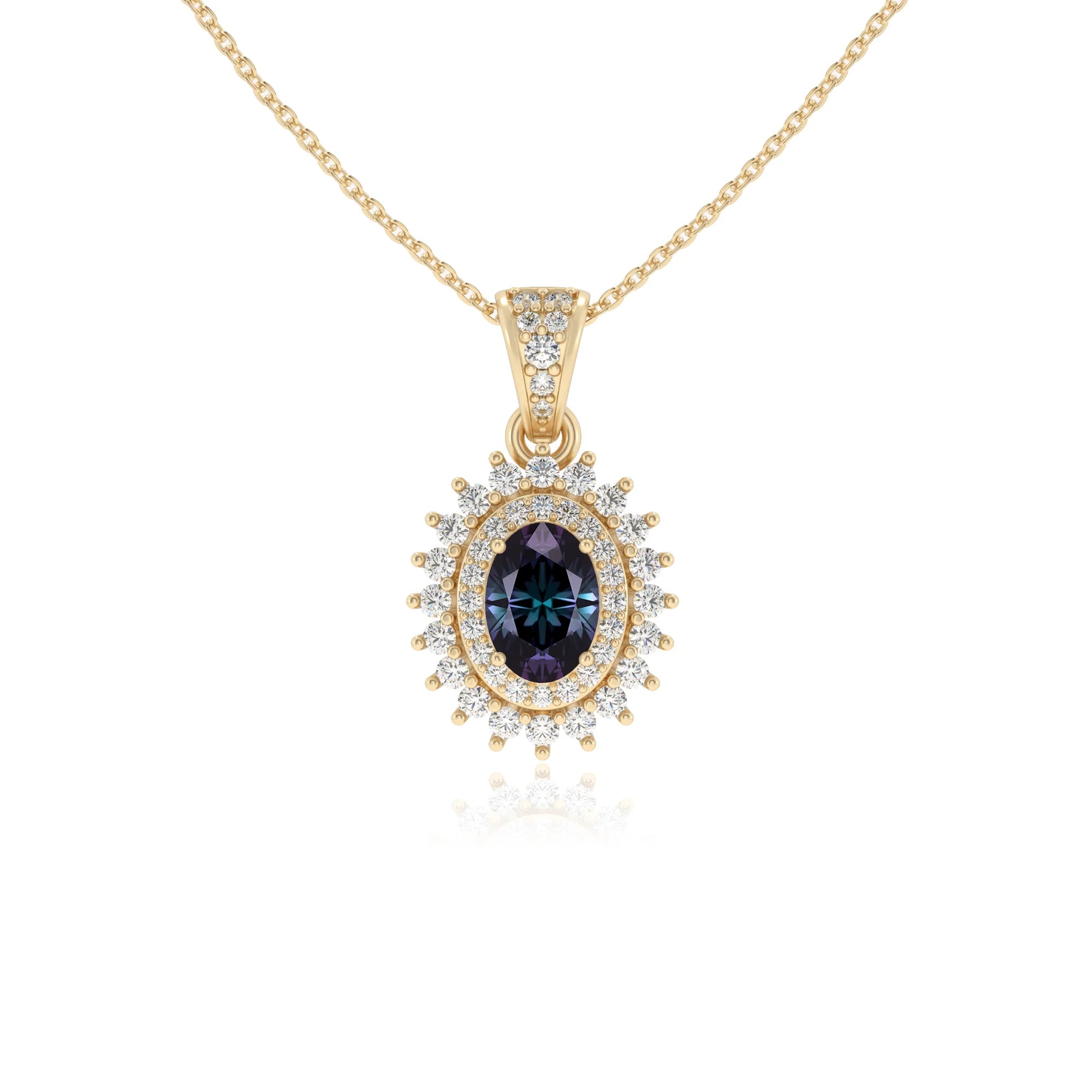 lab grown alexandrite oval halo necklaces in yellow gold 