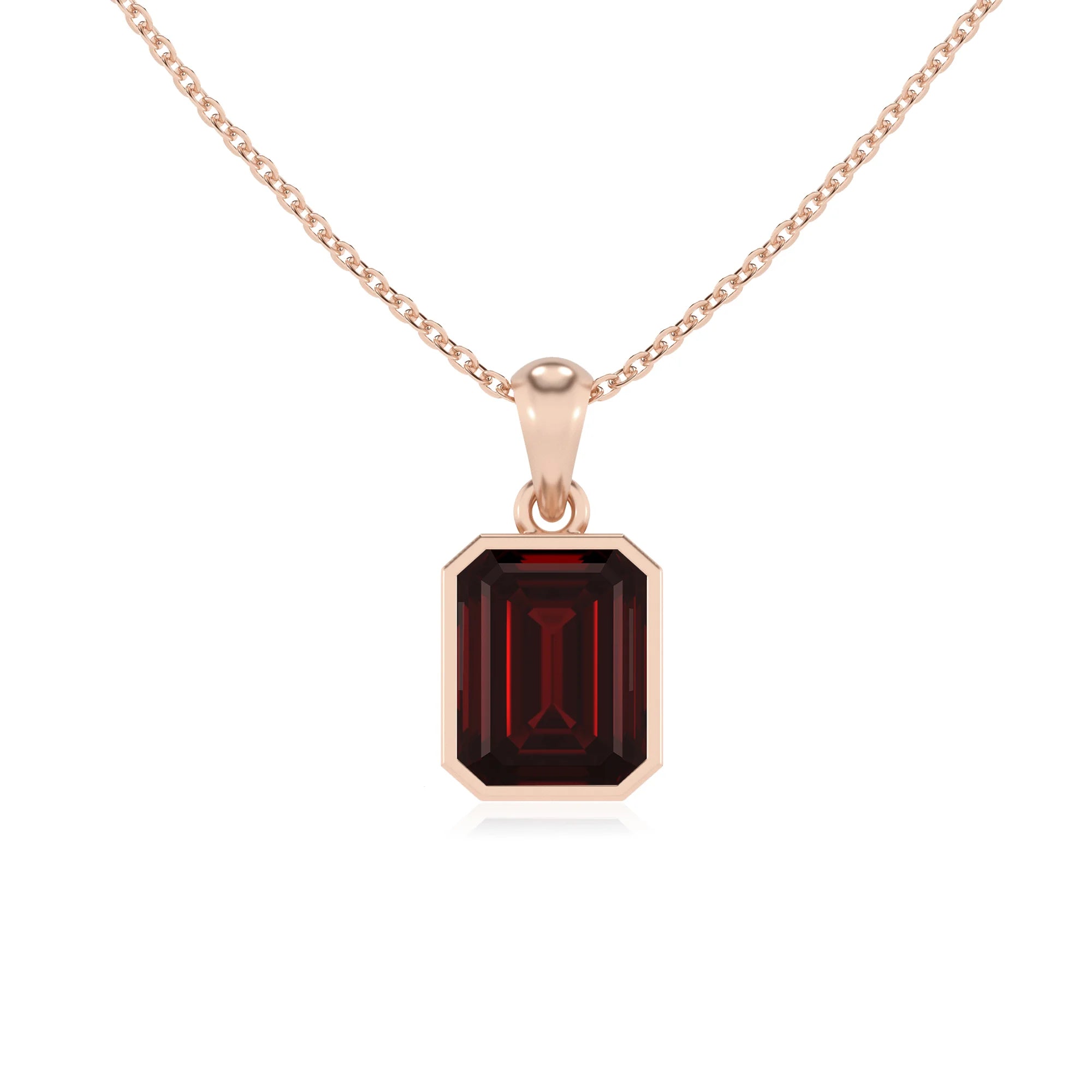 natural garnet emerald cut solitaire necklaces in rose gold 