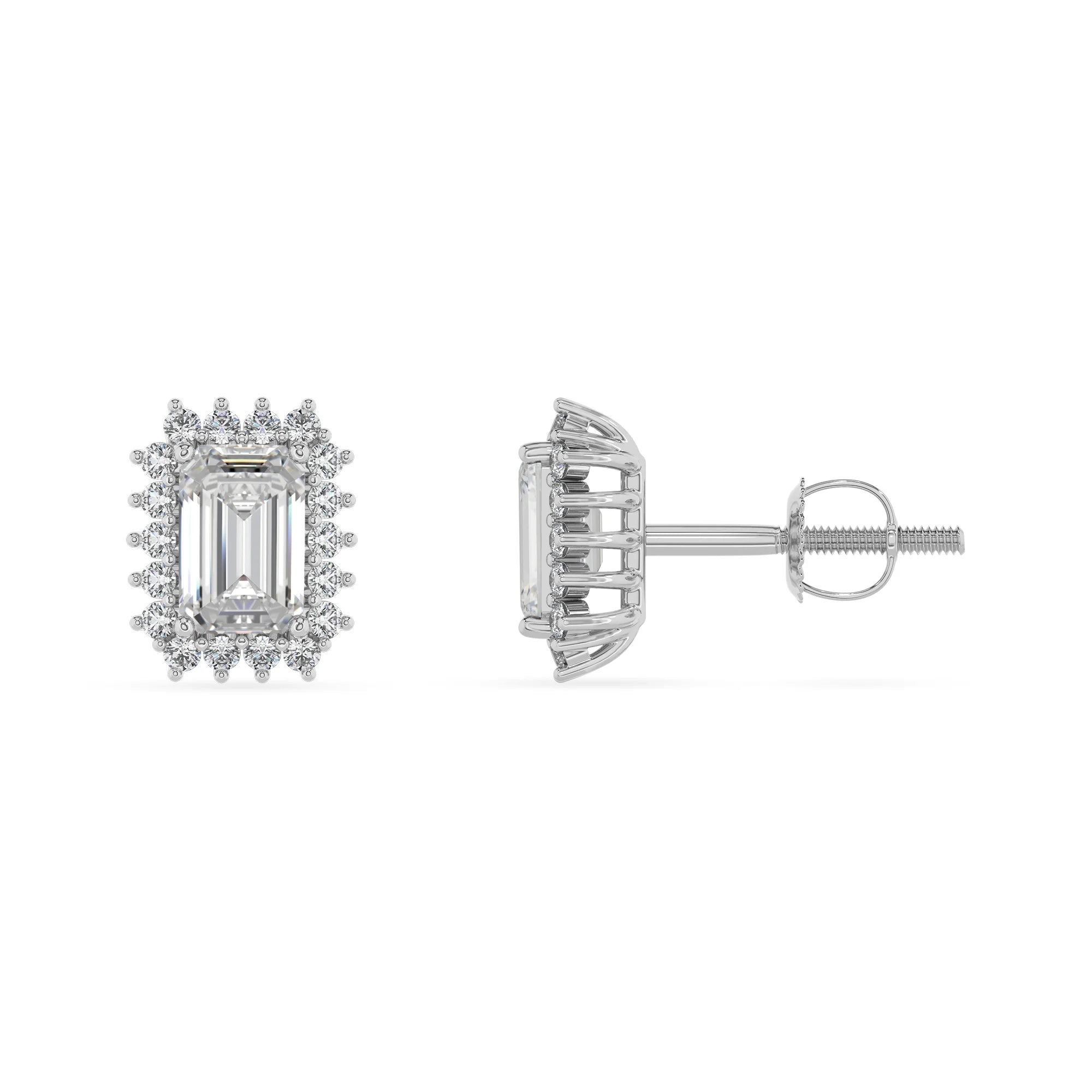 lab grown moissanite emerald cut stud earrings in white gold 
