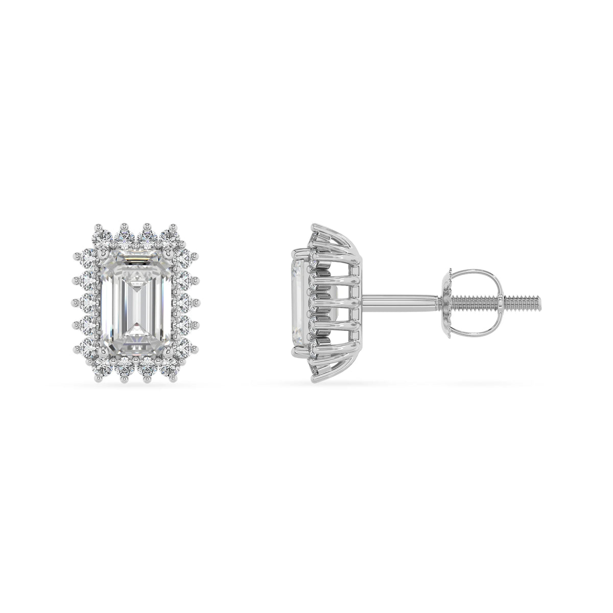 lab grown moissanite emerald cut stud earrings in white gold 