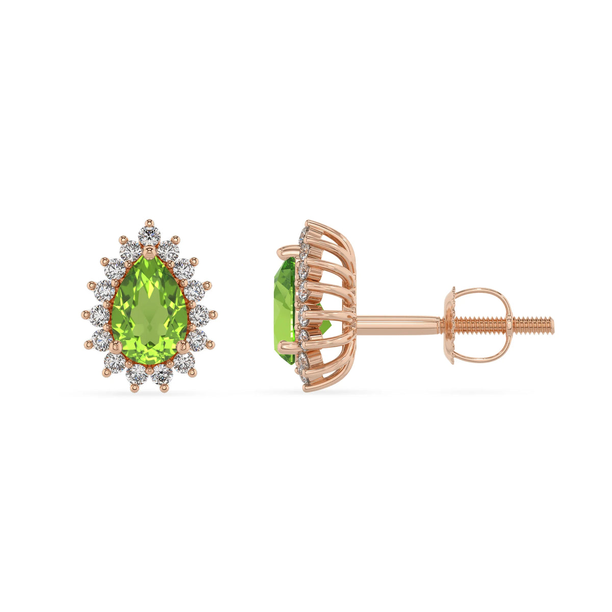 natural peridot pear stud earrings in rose gold 