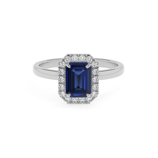 lab grown blue-sapphire emerald cut solitaire rings in platinum 