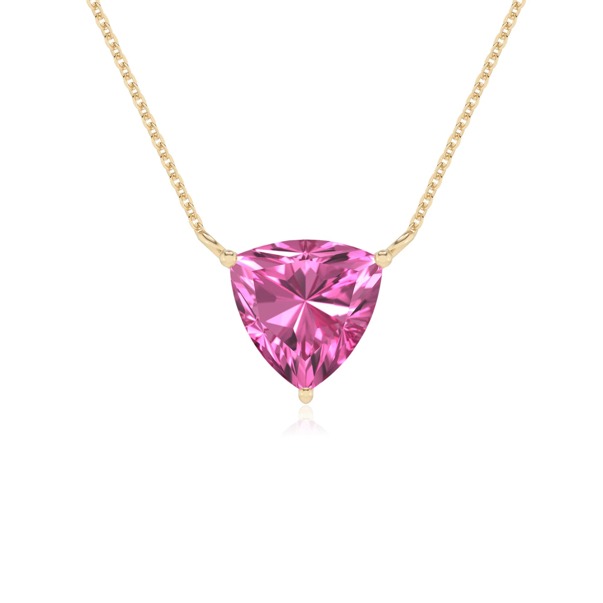lab grown pink-sapphire trillion solitaire necklaces in yellow gold 