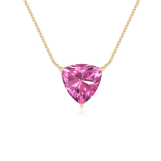 lab grown pink-sapphire trillion solitaire necklaces in yellow gold 