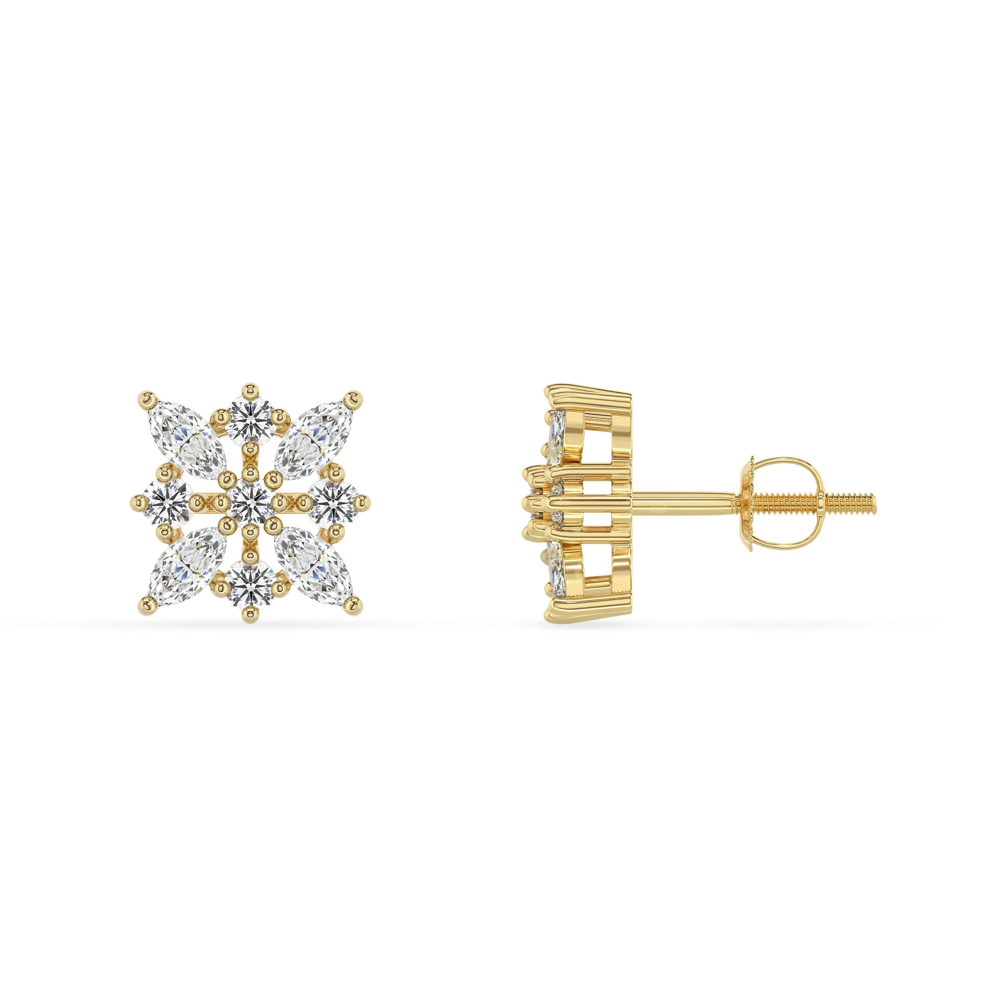 lab grown moissanite marquise stud earrings in yellow gold 