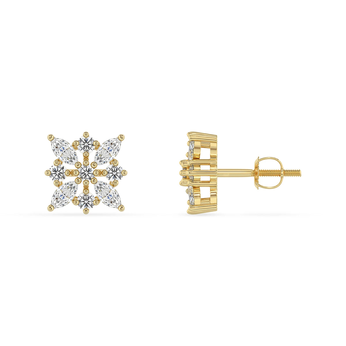 lab grown moissanite marquise stud earrings in yellow gold 