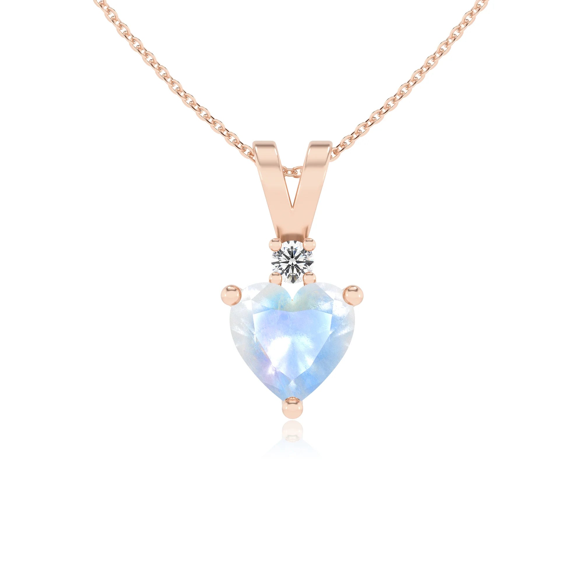 natural rainbow-moonstone heart solitaire v-bale necklaces in rose gold 