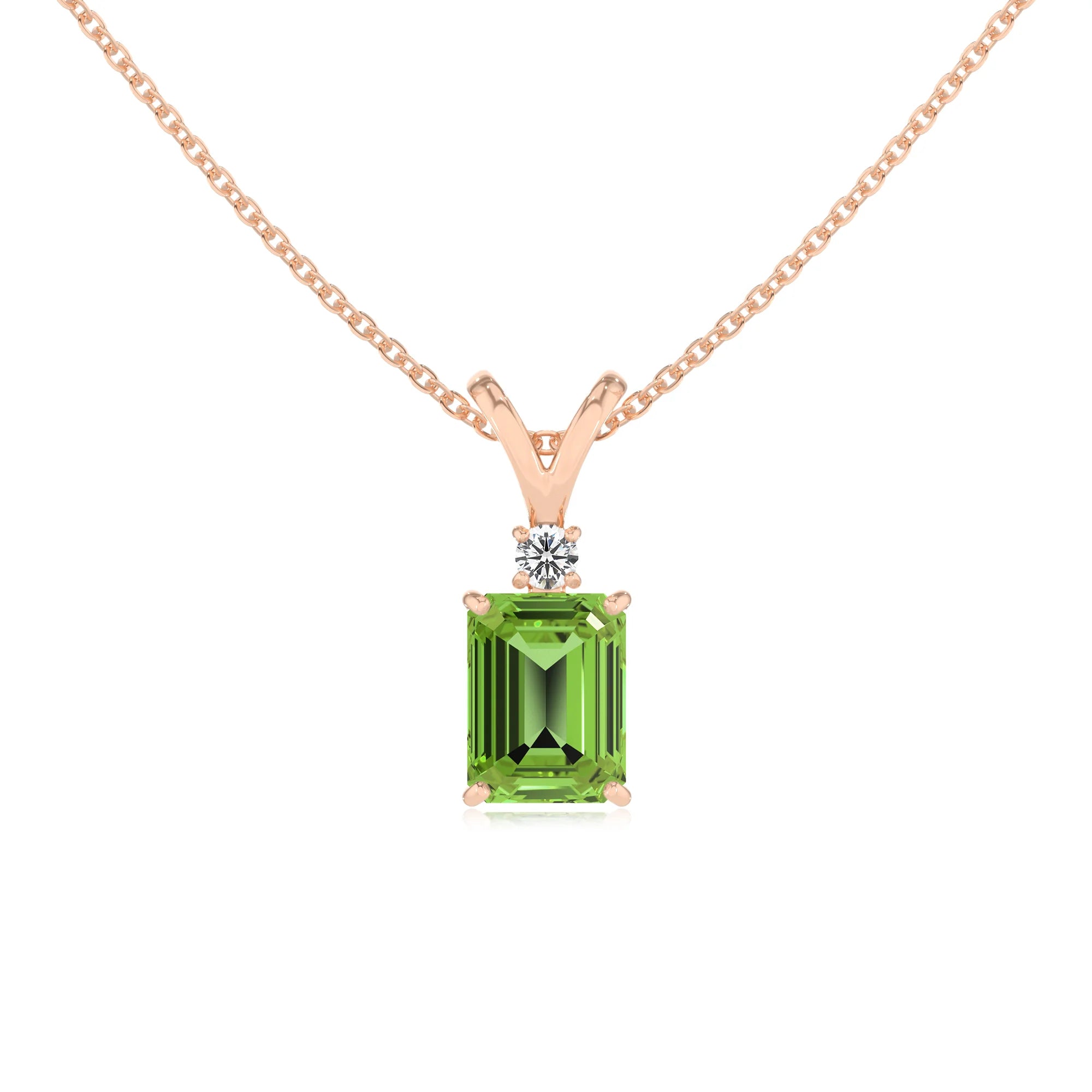 natural peridot emerald cut solitaire v-bale necklaces in rose gold 