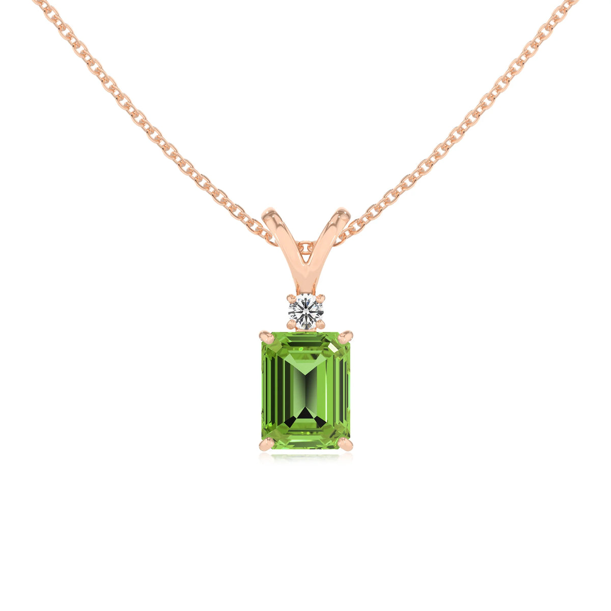 natural peridot emerald cut solitaire v-bale necklaces in rose gold 