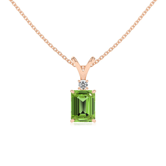 natural peridot emerald cut solitaire v-bale necklaces in rose gold 