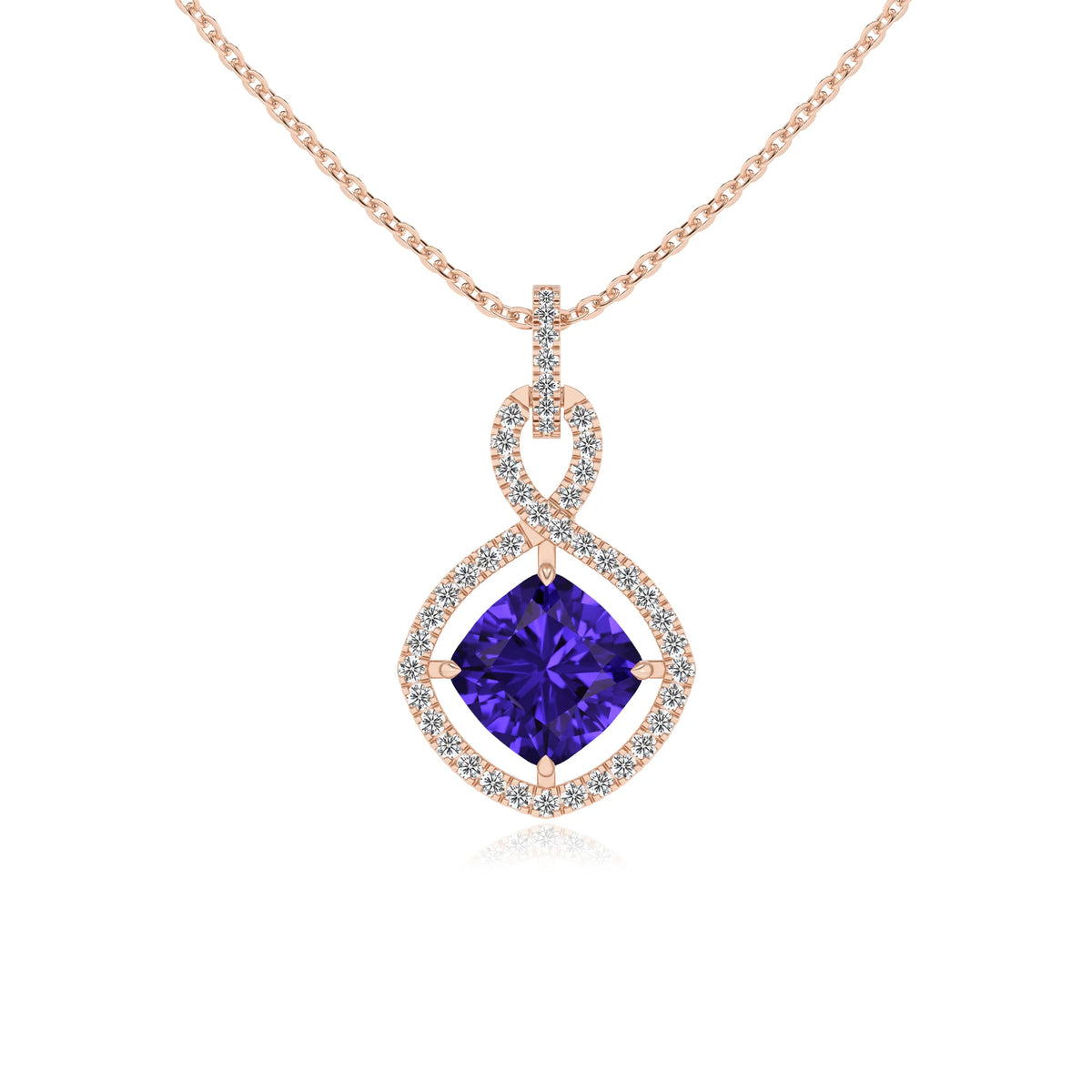 lab grown tanzanite cushion infinity necklaces in rose gold 