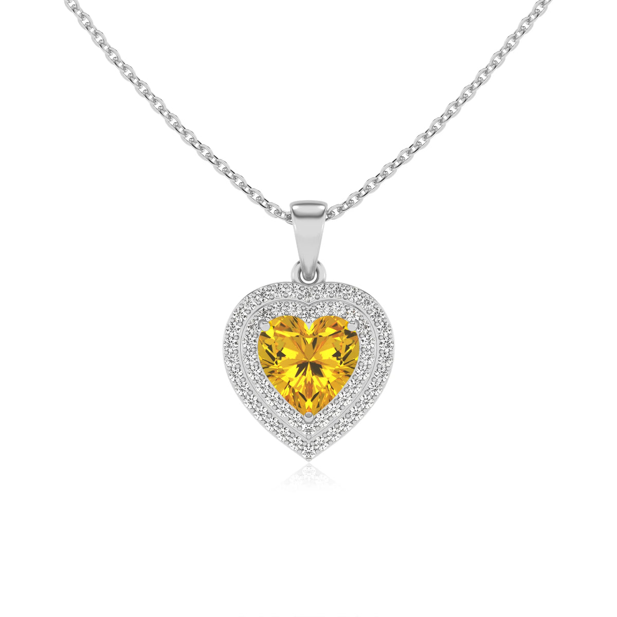 lab grown yellow sapphire heart halo necklaces in white gold 