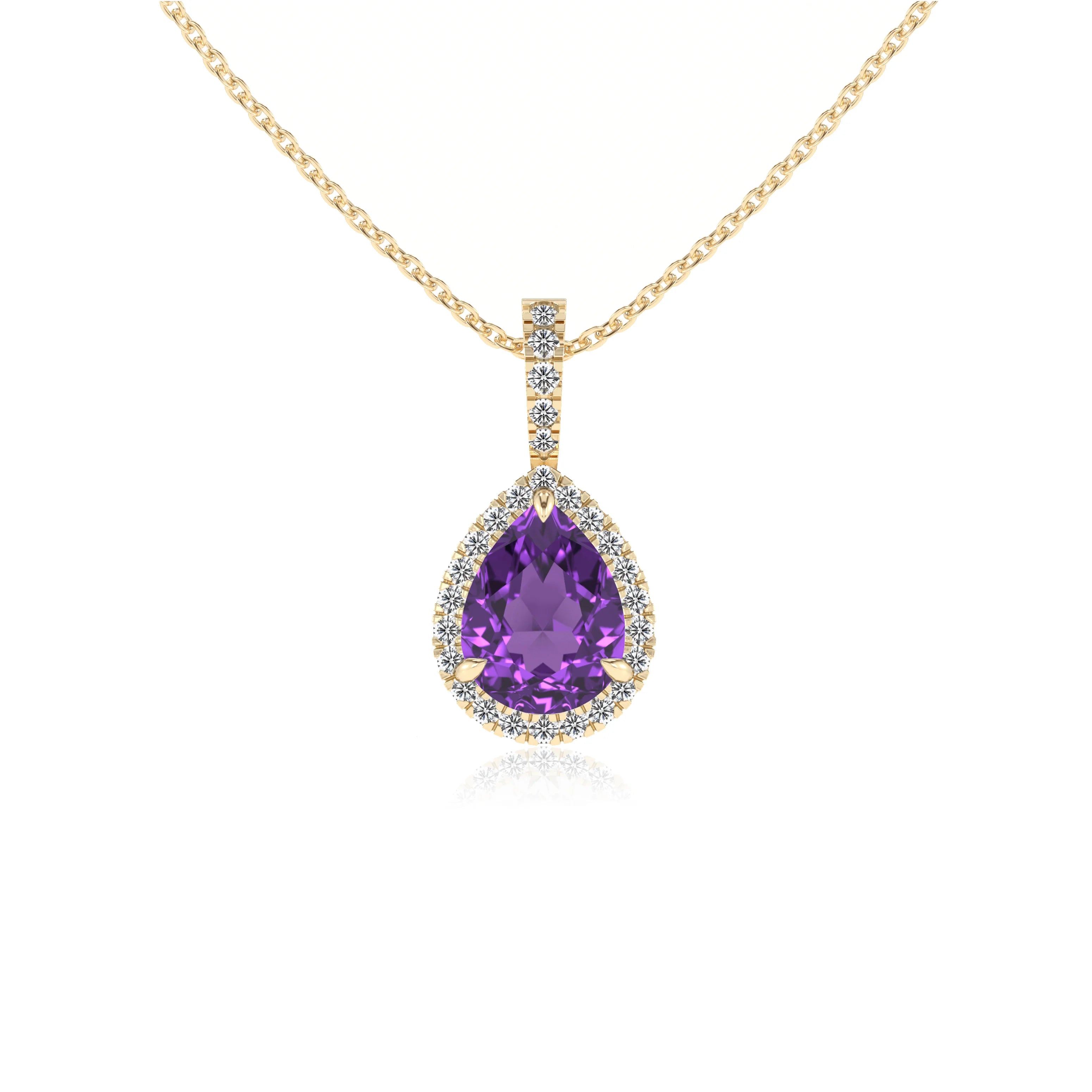 lab grown amethyst pear solitaire necklaces in yellow gold 