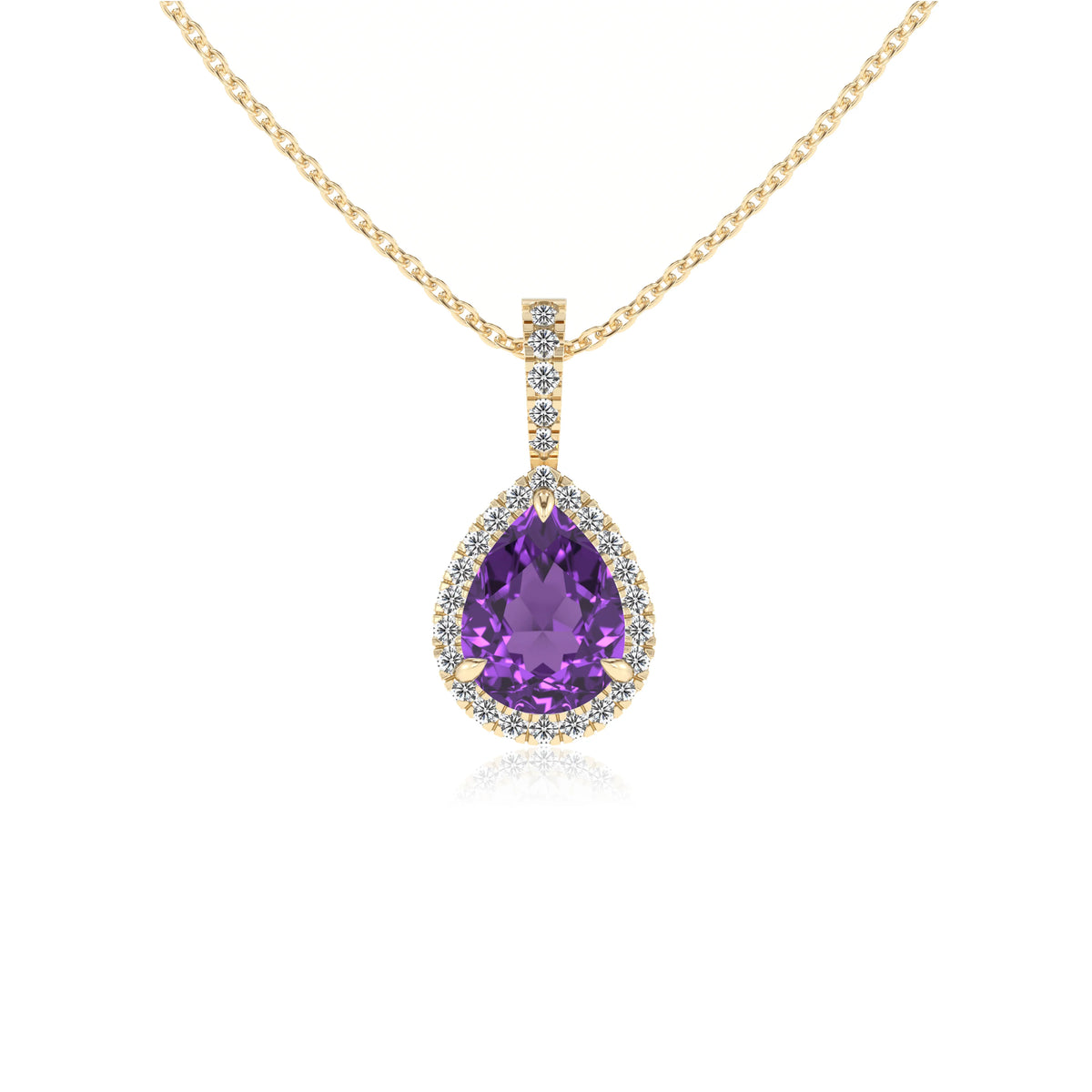 lab grown amethyst pear solitaire necklaces in yellow gold 