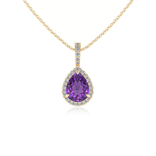 lab grown amethyst pear solitaire necklaces in yellow gold 