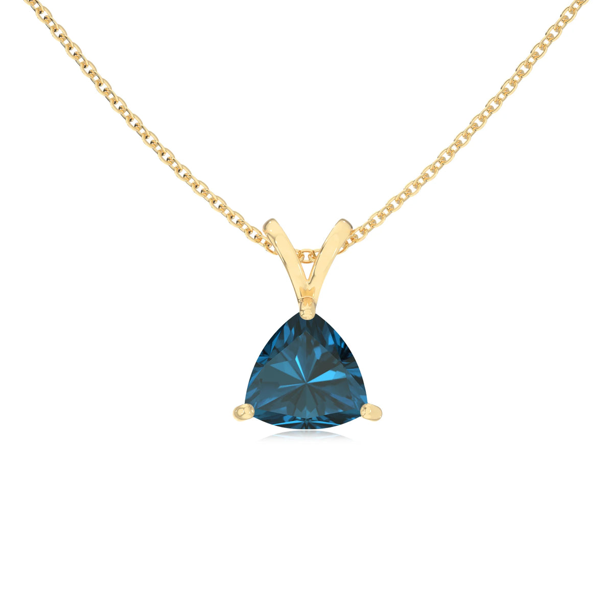 natural london-blue-topaz trillion solitaire v-bale necklaces in yellow gold 