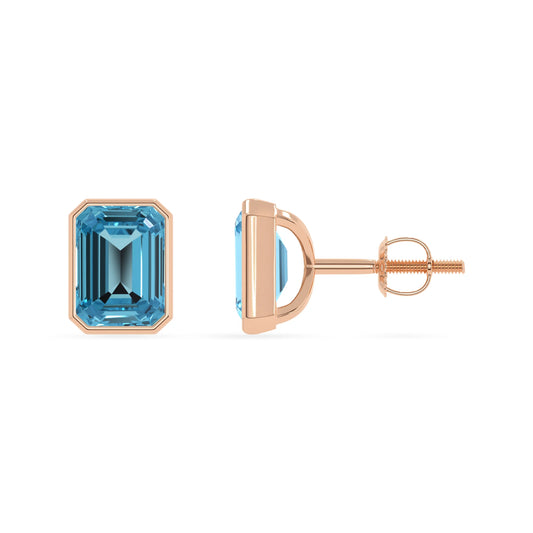 Natural Swiss Blue Topaz Emerald-Cut Solitaire Stud Earrings