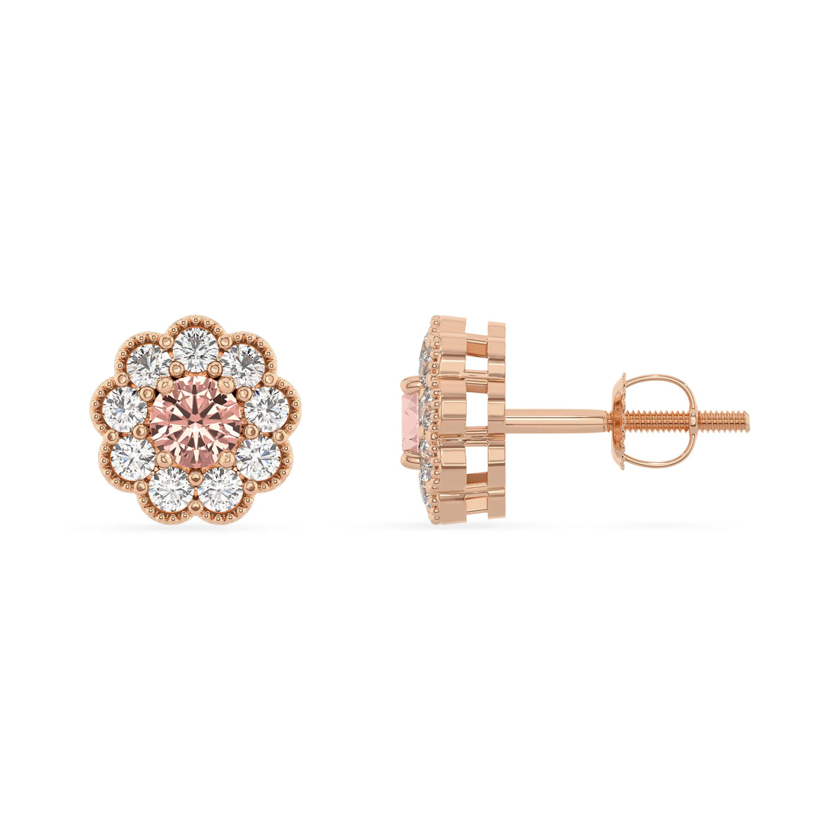 lab grown morganite round stud earrings in rose gold 