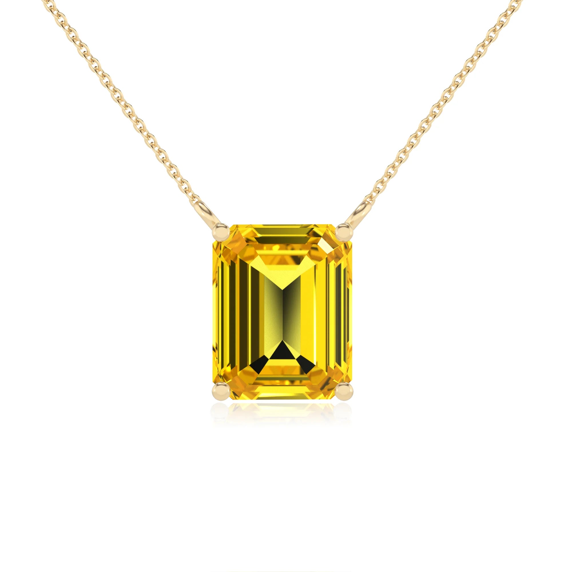 lab grown yellow-sapphire emerald cut solitaire necklaces in yellow gold 