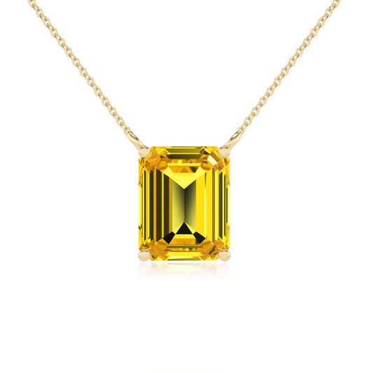 lab grown yellow-sapphire emerald cut solitaire necklaces in yellow gold 