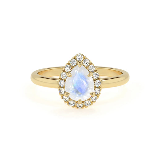 natural rainbow-moonstone pear solitaire rings in yellow gold 