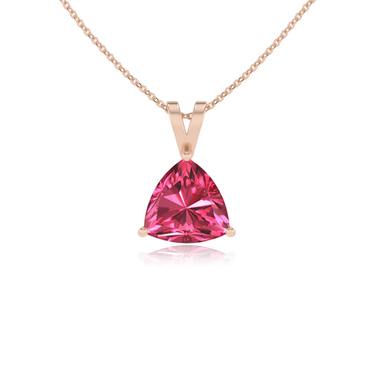 lab grown pink-tourmaline trillion solitaire v-bale necklaces in rose gold 