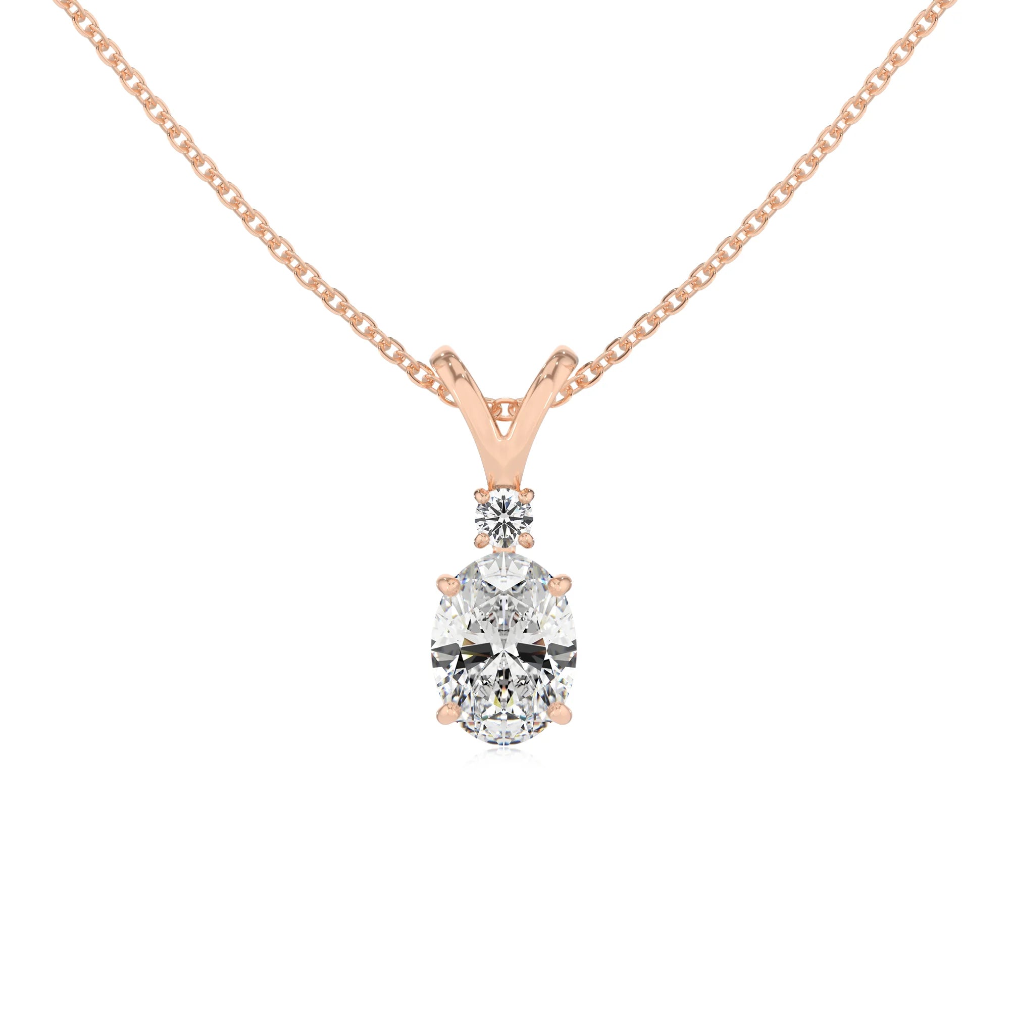 lab grown moissanite oval solitaire v-bale necklaces in rose gold 