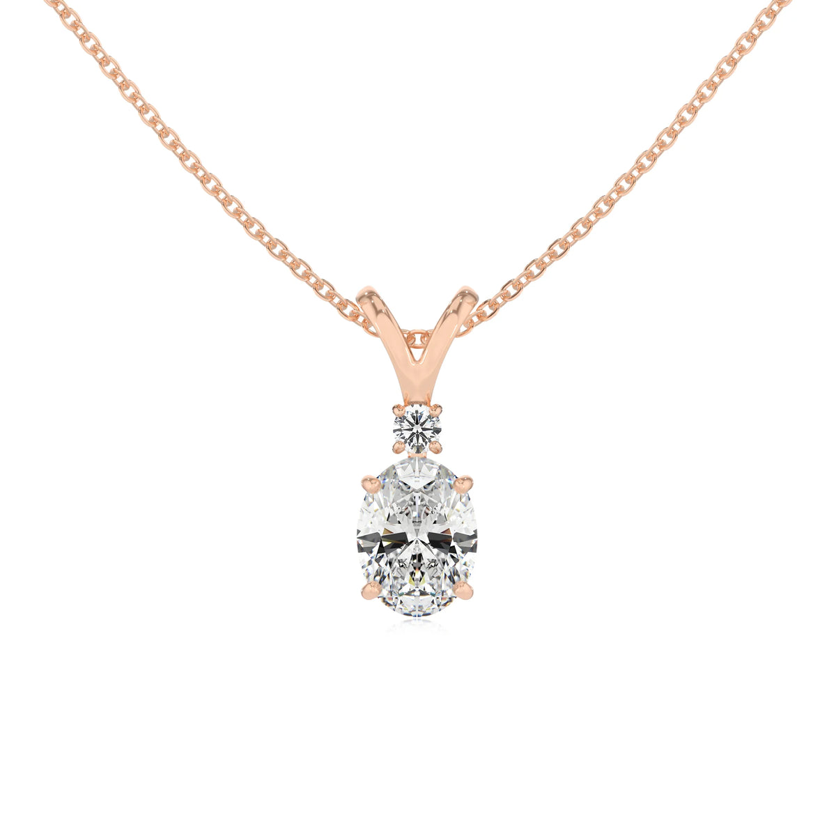lab grown moissanite oval solitaire v-bale necklaces in rose gold 