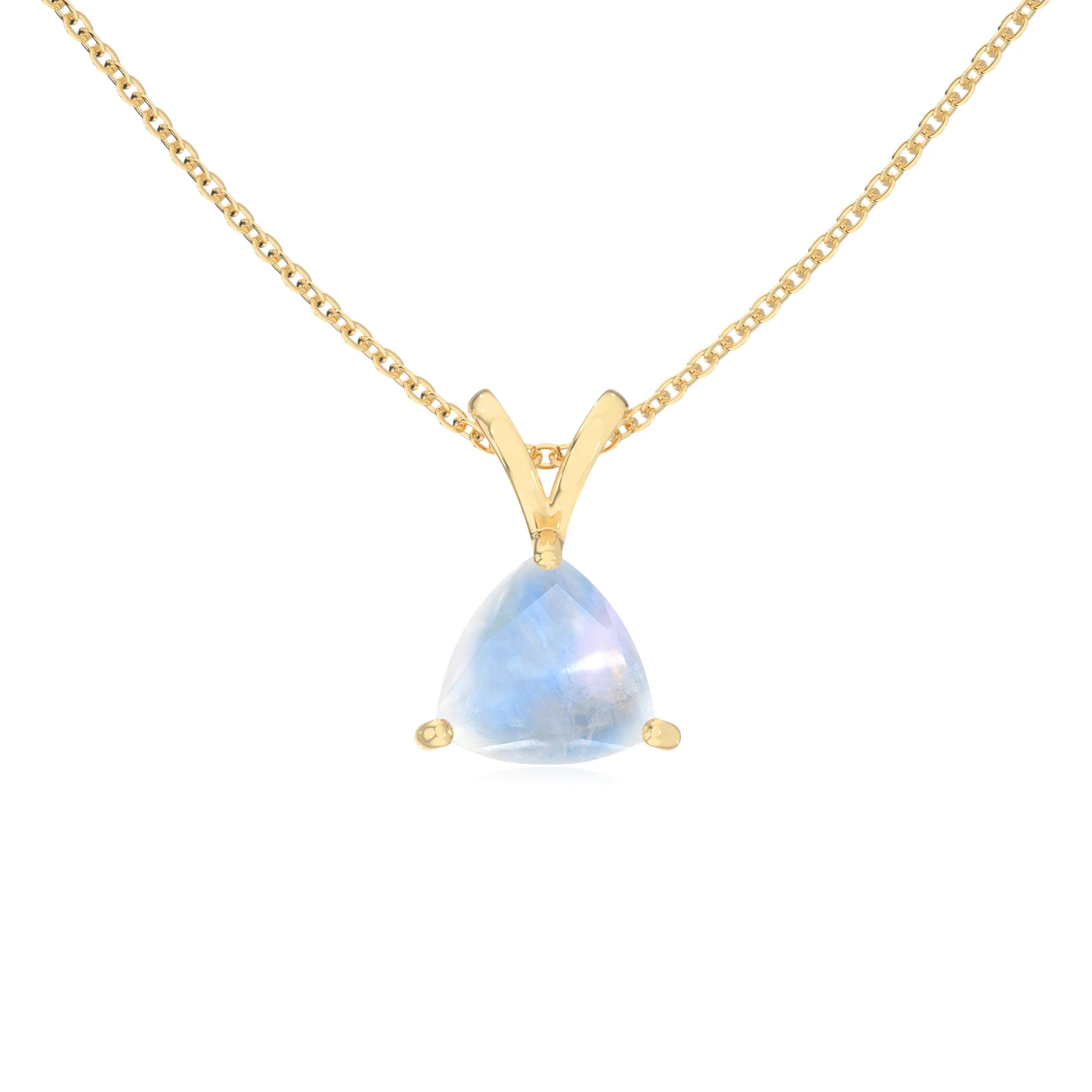 natural rainbow-moonstone trillion solitaire v-bale necklaces in yellow gold 