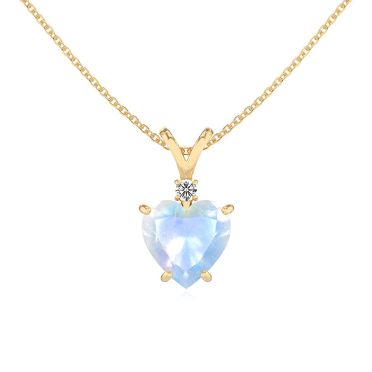 natural rainbow-moonstone heart solitaire v-bale necklaces in yellow gold 