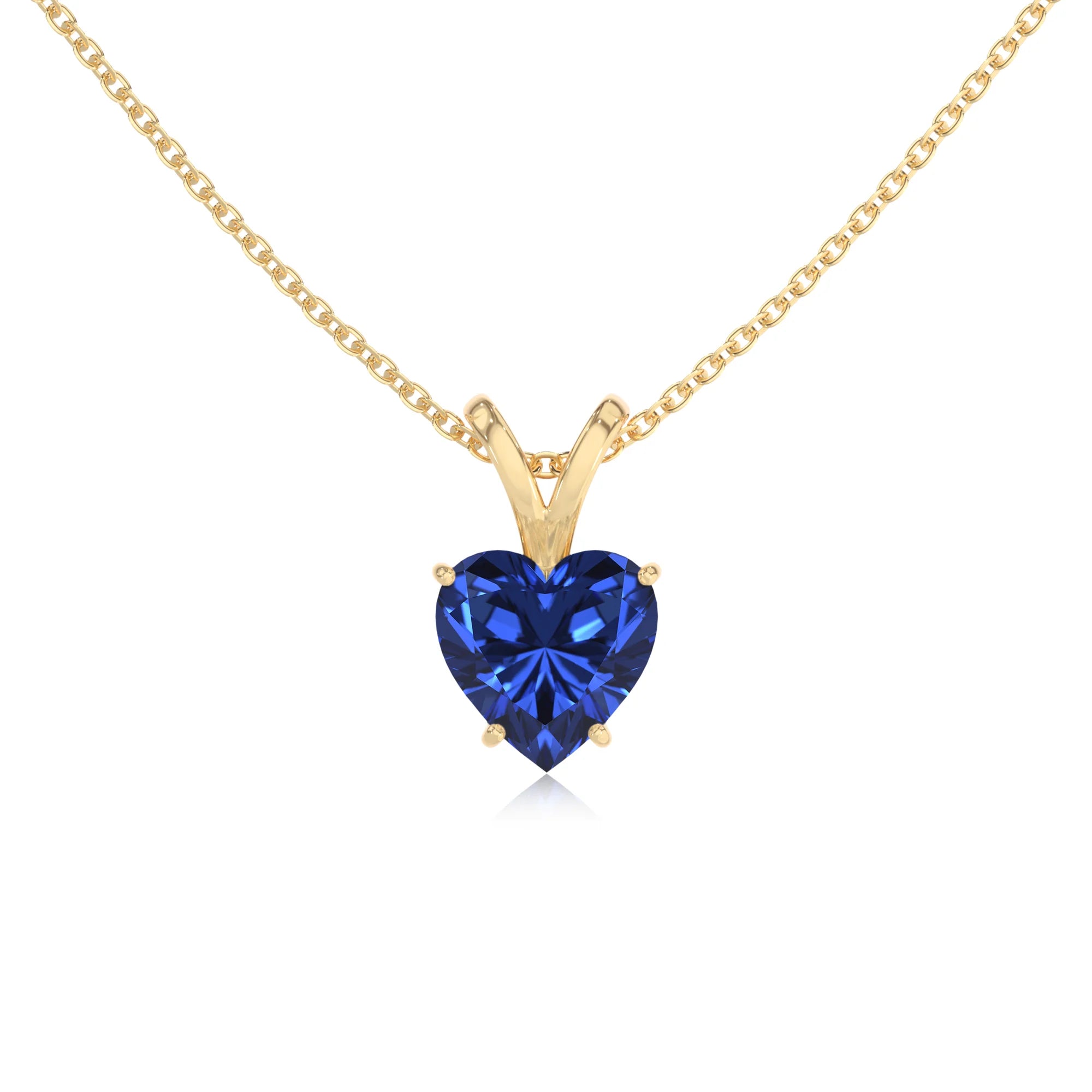 lab grown blue-sapphire heart solitaire v-bale necklaces in yellow gold 