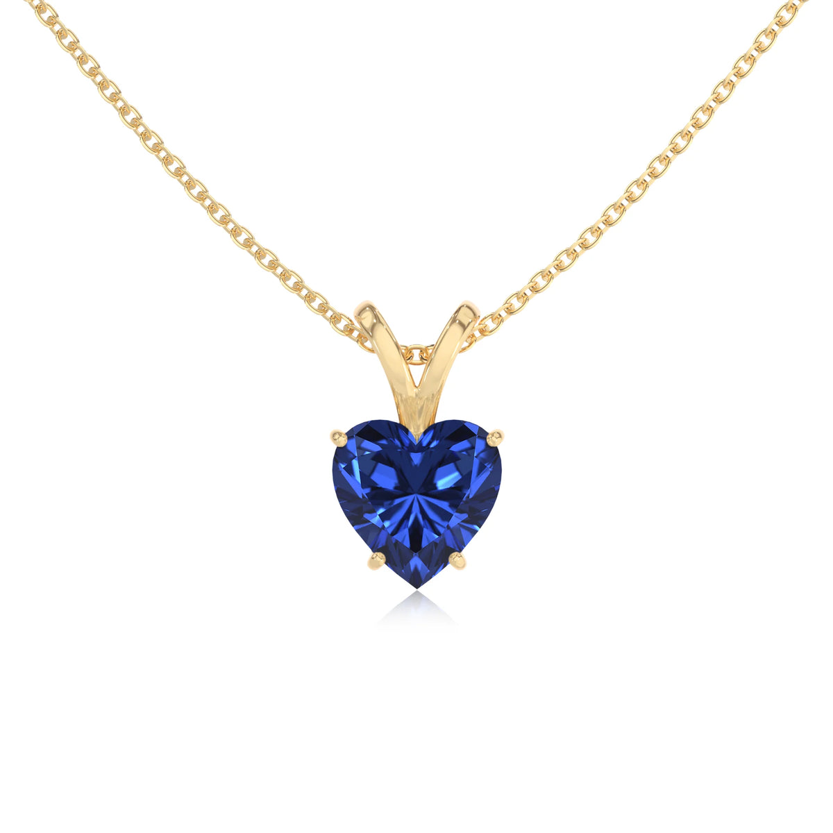 lab grown blue-sapphire heart solitaire v-bale necklaces in yellow gold 