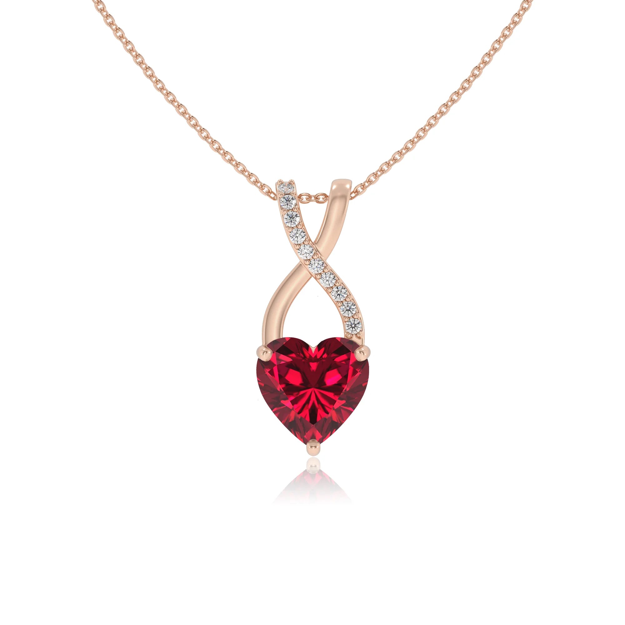 lab grown ruby heart solitaire necklaces in rose gold 
