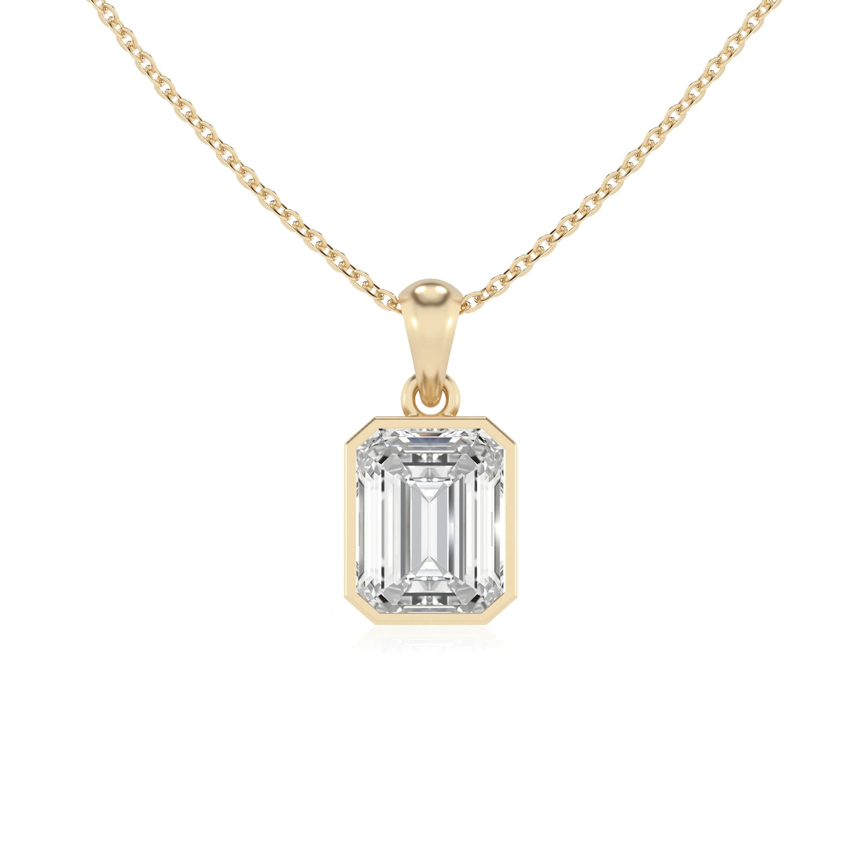 lab grown moissanite emerald cut solitaire necklaces in yellow gold 