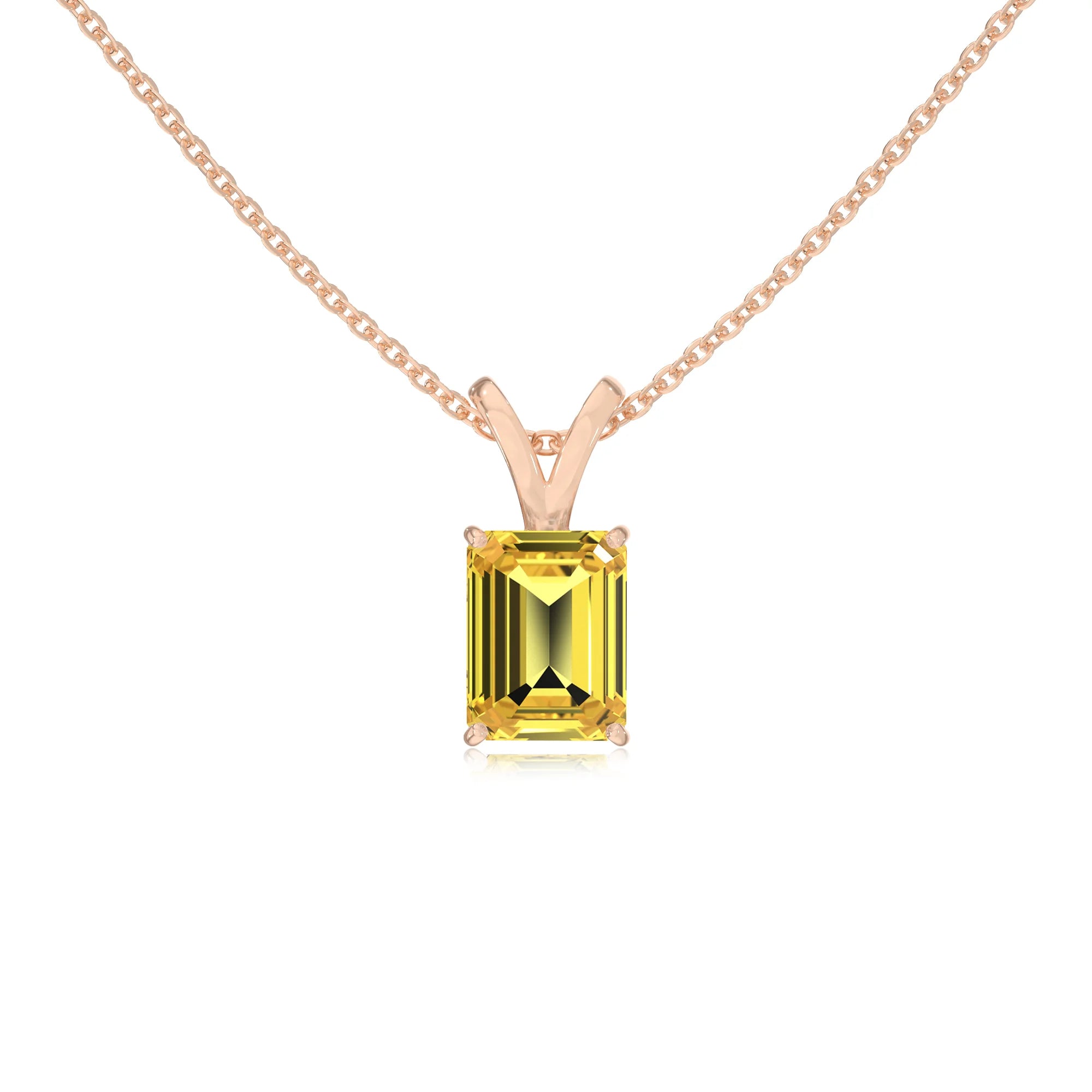 lab grown yellow-sapphire emerald cut solitaire v-bale necklaces in rose gold 