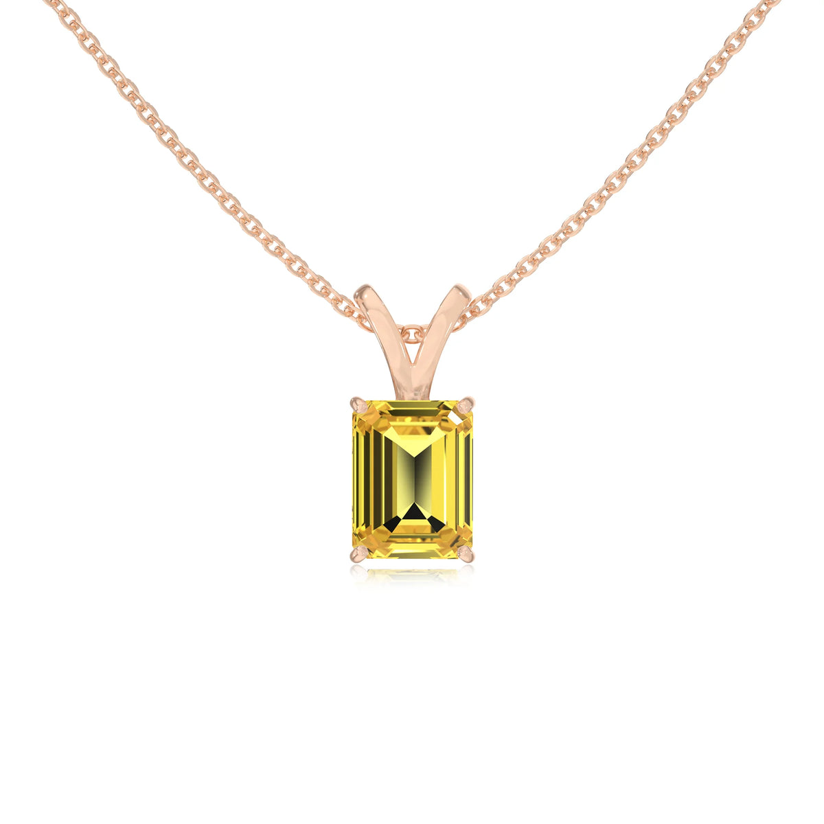 lab grown yellow-sapphire emerald cut solitaire v-bale necklaces in rose gold 