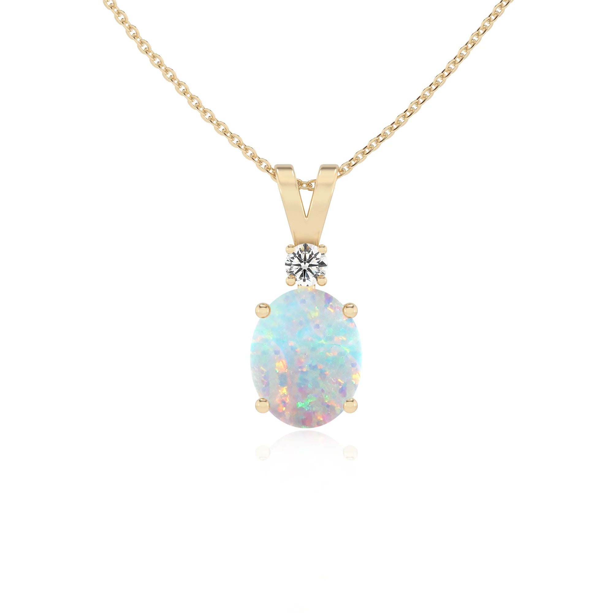 lab grown opal oval solitaire v-bale necklaces in yellow gold 