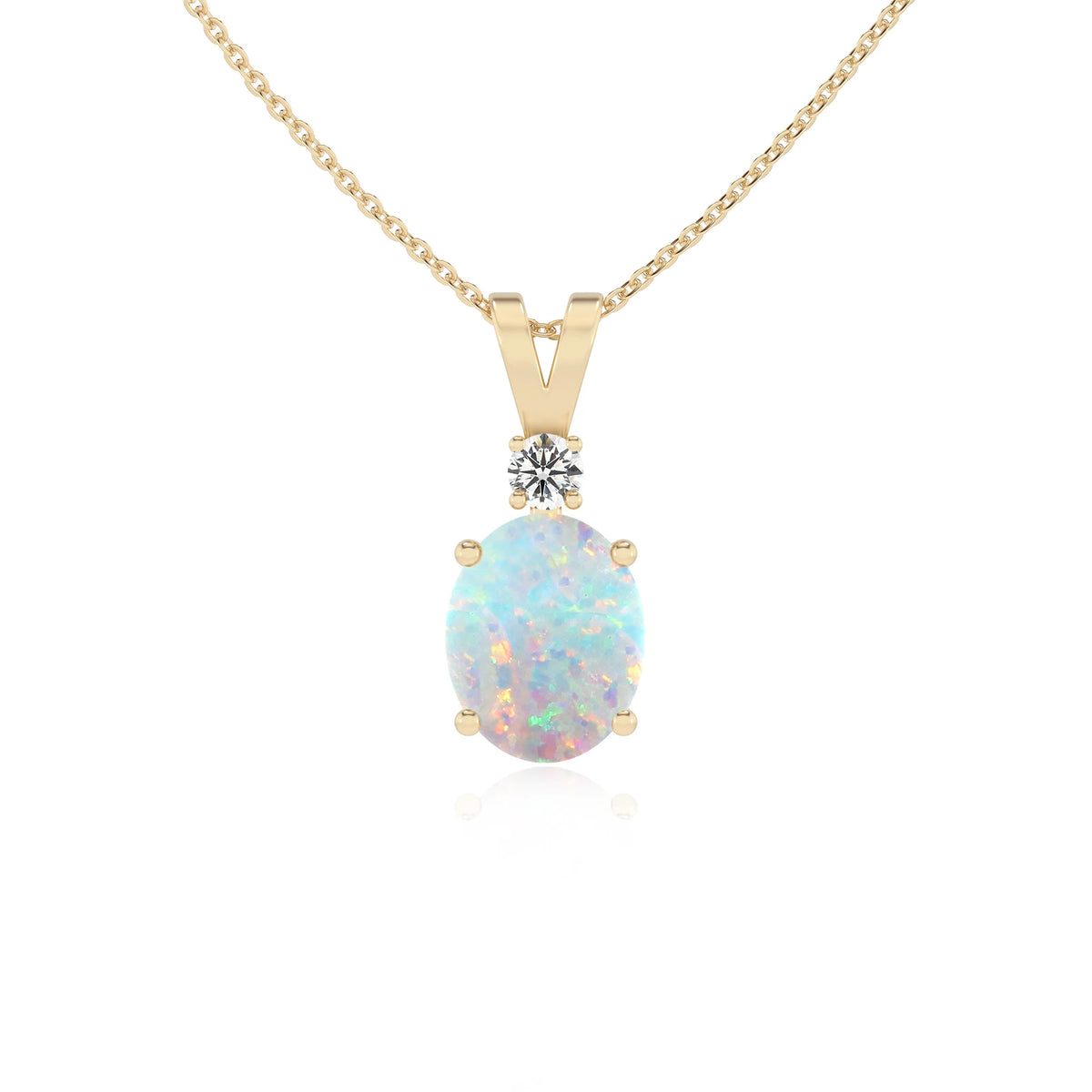 lab grown opal oval solitaire v-bale necklaces in yellow gold 