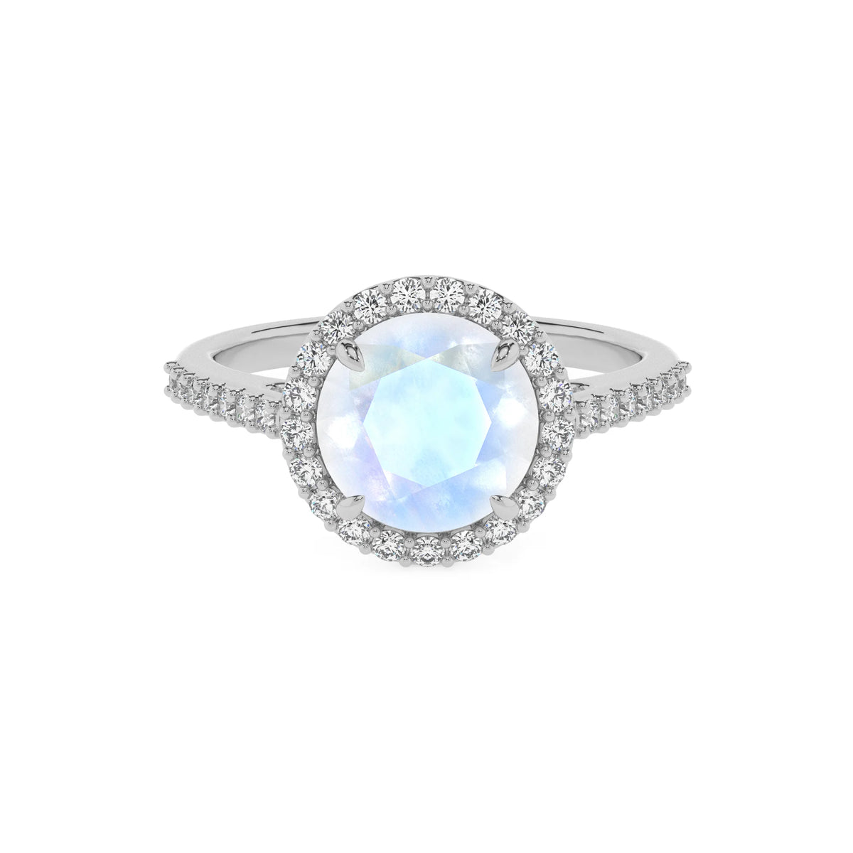 natural rainbow-moonstone round solitaire rings in platinum 