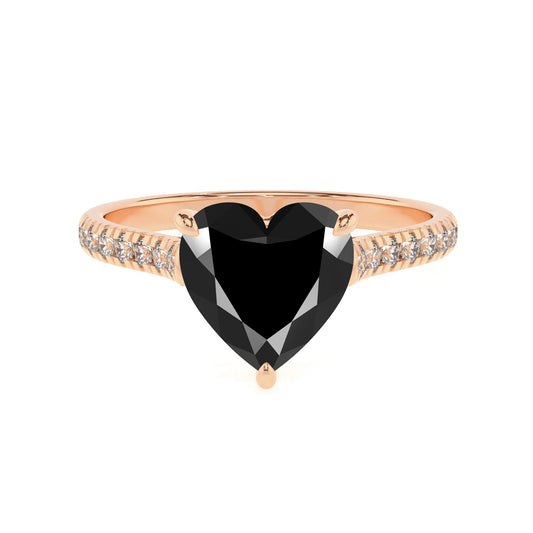natural black-onyx heart half eternity solitaire engagement rings in rose gold 